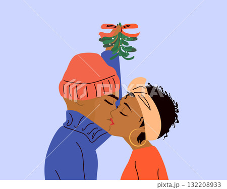 Cartoon Illustration Of Young Couple Kissing Under Mistletoe Cartoon Illustration Of Young Couple Kissing Under Mistletoe 132208933