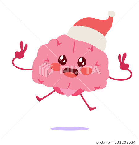 Cartoon Illustration Of Cheerful Brain Wearing Santa Hat Isolated On White Background 132208934