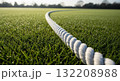 White twisted rope lying on dewy green grass field in morning light 132208988