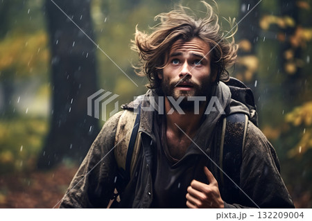 Young adult Caucasian man lost in autumn forest at day, neural network generated photorealistic image Young adult Caucasian man lost in autumn forest at day, neural network generated photorealistic image 132209004