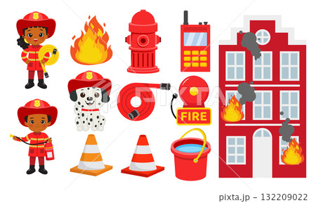 Cute kids fire fighter with dalmatian dog and building on fire clipart set Cute kids fire fighter with dalmatian dog and building on fire clipart set 132209022