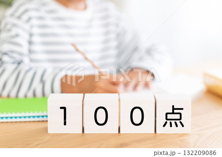 100点のブロックと勉強をする小学生の男の子 132209086