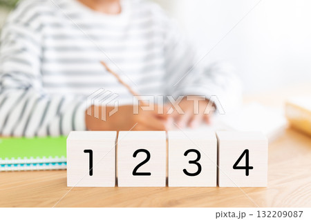 1234のブロックと勉強をする小学生の男の子 132209087