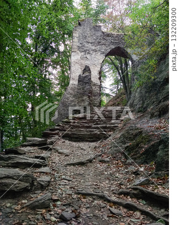 Bezdez, Czech republic - August 2, 2018: Stone steps leading to ruined archway in bezdez castle, czechia 132209300