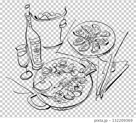 義大利美食時尚插畫。海鮮、開胃菜和葡萄酒 132209369