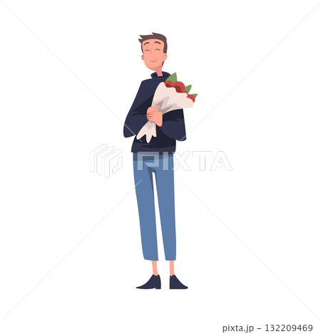 Man Character Receive Flower Bouquet Standing and Smiling Vector Illustration 132209469