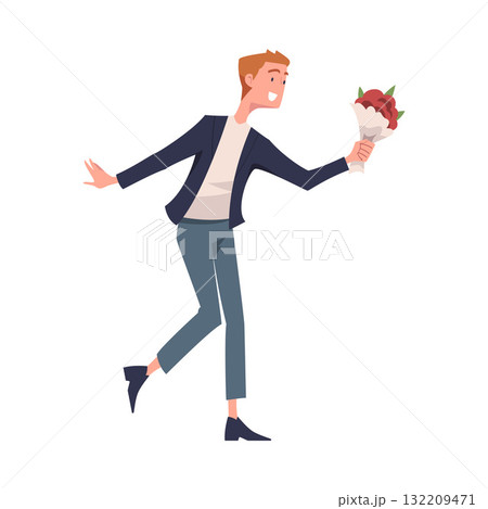 Man Giving Flower Bouquet Standing and Reach Hand Vector Illustration 132209471