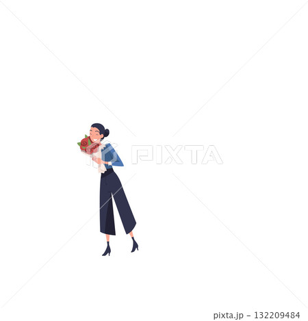 Woman Character Receive Flower Bouquet Standing and Smiling Vector Illustration Woman Character Receive Flower Bouquet Standing and Smiling Vector Illustration 132209484