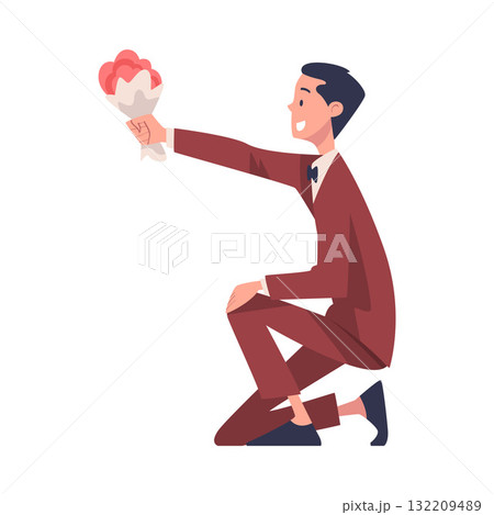 Man Giving Flower Bouquet Stand on His Knee and Reach Hand Vector Illustration 132209489
