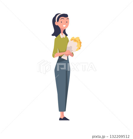 Woman Character Receive Flower Bouquet Standing and Smiling Vector Illustration Woman Character Receive Flower Bouquet Standing and Smiling Vector Illustration 132209512