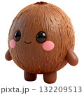 Cute 3D plush coconut kawaii cut-out character. Adorable smiling fruit mascot png design element. 132209513