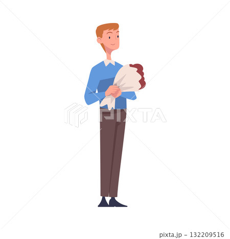 Man Character Receive Flower Bouquet Standing and Smiling Vector Illustration Man Character Receive Flower Bouquet Standing and Smiling Vector Illustration 132209516