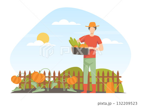 Garden with Man Character Working in the Yard Vector Illustration 132209523