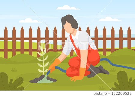 Garden with Man Character Working in the Yard Vector Illustration 132209525