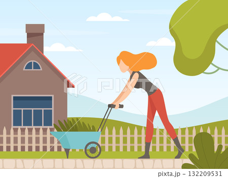 Garden with Woman Character Working in the Yard Vector Illustration 132209531