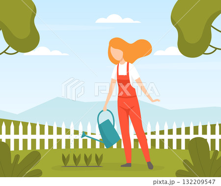 Garden with Woman Character Working in the Yard Vector Illustration 132209547