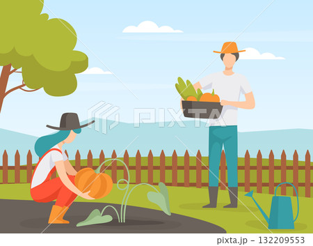 Garden with Man and Woman Character Working in the Yard Vector Illustration 132209553