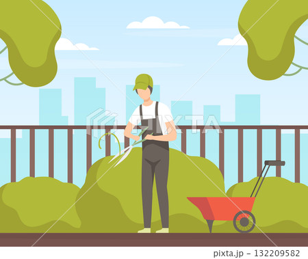 Garden with Man Character Working in the Yard Vector Illustration Garden with Man Character Working in the Yard Vector Illustration 132209582