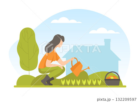 Garden with Woman Character Working in the Yard Vector Illustration Garden with Woman Character Working in the Yard Vector Illustration 132209597