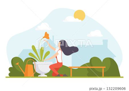 Garden with Woman Character Working in the Yard Vector Illustration 132209606