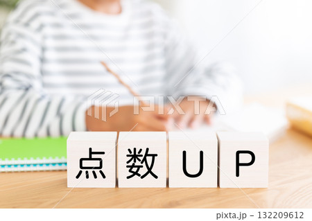 点数アップのブロックと勉強をする小学生の男の子 132209612