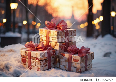 a lot of gifts in city street in winter, exteriors of the house are decorated for Christmas or New Year's holiday, street lights, a fairy-tale environment 132209807