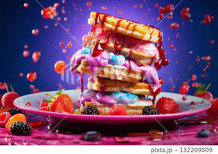 cake with fruits and cream on a blue background, delicious and sweet food cake with fruits and cream on a blue background, delicious and sweet food 132209809