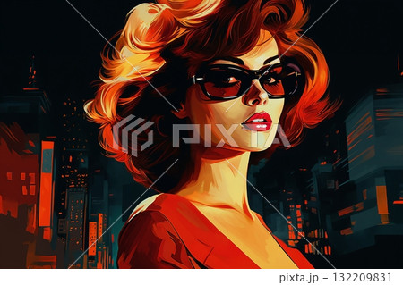 Portrait of a beautiful fashionable woman with a hairstyle, in a city street, at night. Illustration, poster in the style of 1960s 132209831