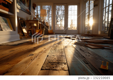 Warm sunlight on rustic wooden floor with scattered planks and cozy living room interior in late afternoon Warm sunlight on rustic wooden floor with scattered planks and cozy living room interior in late afternoon 132210085