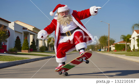 A modern-day Santa Claus performs a trick on a skateboard in a sunny suburb. 132210167
