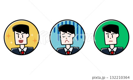 さまざまな表情を浮かべたスーツの男性の丸アイコンイラストセット 132210364