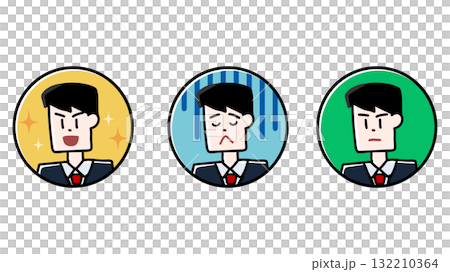 さまざまな表情を浮かべたスーツの男性の丸アイコンイラストセット 132210364