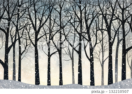 Winter woodland silhouette with bare trees and falling snowflakes 132210507