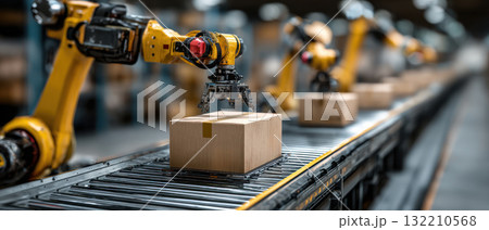 Robotic arms automate package handling warehouse boosting logistic efficiency with advanced automation and robotics technology for smooth 132210568