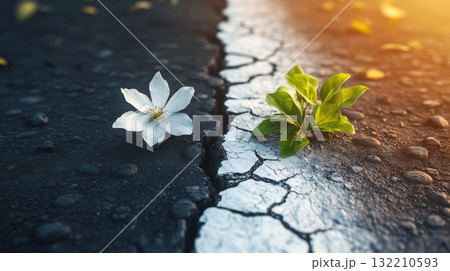 Symbolic cracked road with white flower on one side and green leaves growing through other side, showing contrast and hope Symbolic cracked road with white flower on one side and green leaves growing through other side, showing contrast and hope 132210593