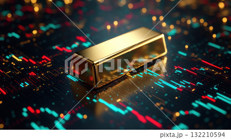 Shiny gold bar resting on digital stock market chart with colorful red and blue candlestick graphs, symbolizing wealth and investment Shiny gold bar resting on digital stock market chart with colorful red and blue candlestick graphs, symbolizing wealth and investment 132210594