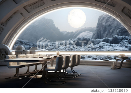futuristic white moon base dining room interior, neural network generated image futuristic white moon base dining room interior, neural network generated image 132210959