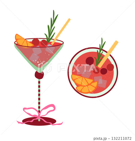 Classy cocktail vector illustration. Festive red alcohol drink in martini glass with garnishes, ice cubes, citrus isolated on white background. Party beverage for Christmas, wedding, Birthday Classy cocktail vector illustration. Festive red alcohol drink in martini glass with garnishes, ice cubes, citrus isolated on white background. Party beverage for Christmas, wedding, Birthday 132211072