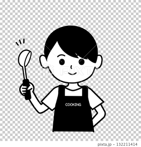 エプロンをした人物のイラスト　モノクロ,白黒,子供,男の子,女の子,お母さん,お玉,料理,上半身,シ 132211414