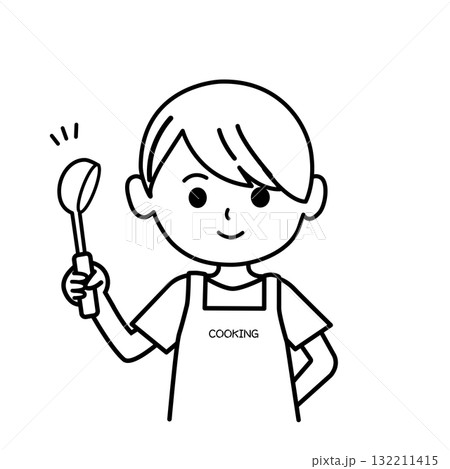 エプロンをした人物のイラスト　モノクロ,白黒,子供,男の子,女の子,お母さん,お玉,料理,上半身,シ 132211415