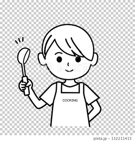 エプロンをした人物のイラスト　モノクロ,白黒,子供,男の子,女の子,お母さん,お玉,料理,上半身,シ 132211415