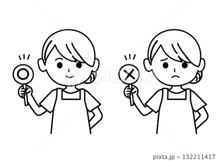 マルとバツを出す女性のイラスト　モノクロ,エプロンをした女性,先生,保育園,幼稚園,上半身,シンプル 132211417