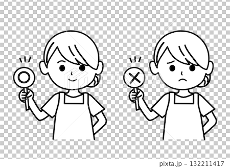 マルとバツを出す女性のイラスト　モノクロ,エプロンをした女性,先生,保育園,幼稚園,上半身,シンプル 132211417