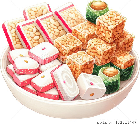 Chinese new year bowl filled with a colorful assortment of traditional Asian sweets and snacks 132211447