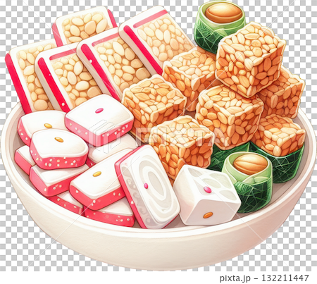 Chinese new year bowl filled with a colorful assortment of traditional Asian sweets and snacks 132211447