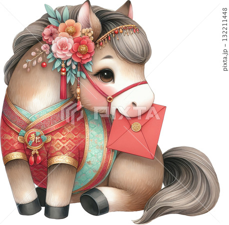 Adorable cartoon horse adorned in traditional Chinese attire and flowers holding a lucky red envelope 132211448