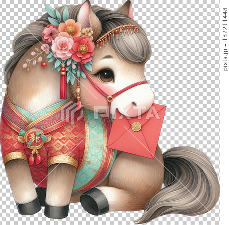 Adorable cartoon horse adorned in traditional Chinese attire and flowers holding a lucky red envelope 132211448