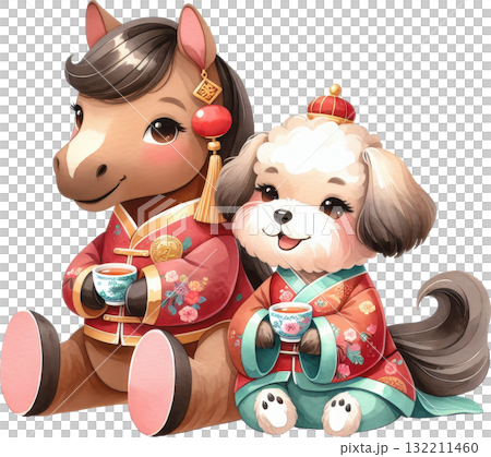 Cute cartoon horse and dog in traditional Chinese attire drinking tea together Cute cartoon horse and dog in traditional Chinese attire drinking tea together 132211460