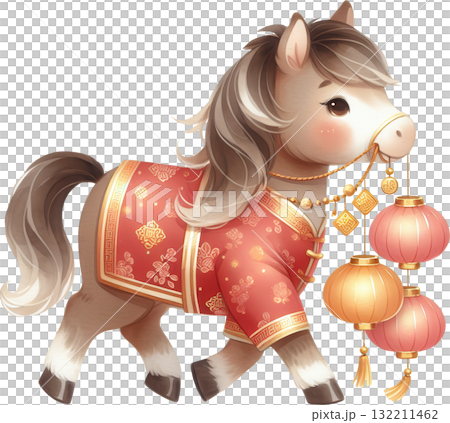 Cute stylized horse in traditional Chinese attire holding festive lanterns for Chinese New Year 132211462