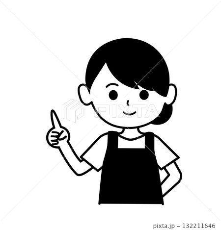 指差ししているエプロンをした女性のイラスト　モノクロ,単色,人物,上半身,シンプル,店員,ショップ, 132211646
